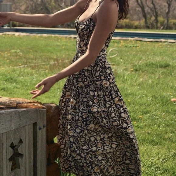 Doen Benoit Cotton Ruched Bust Midi Maxi Dress Noir Columbia Street Floral Black - Picture 3 of 14